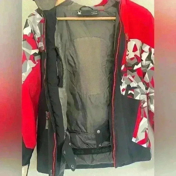 Spyder Red/White/Black Geometric Pattern Ski Coat Kids Size 14 - Picture 10 of 16